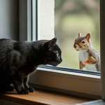 Squirrel and black cat