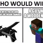 i dont play that much minecraft but heres a meme | A DRAGON WITH 200 HP AND ABILITIES THAT DO INSANE DAMAGE; A GUY WITH A WOODEN TABLE | image tagged in memes,who would win | made w/ Imgflip meme maker