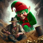 Angry Christmas elf standing over a gold digging miner