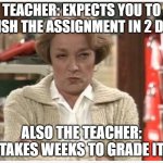 The Look | TEACHER: EXPECTS YOU TO FINISH THE ASSIGNMENT IN 2 DAYS; ALSO THE TEACHER: TAKES WEEKS TO GRADE IT | image tagged in school,relatable | made w/ Imgflip meme maker