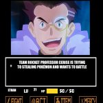 Pokémon Professor Cerise Team Rocket battle | TEAM ROCKET PROFESSOR CERISE IS TRYING TO STEALING POKÉMON AND WANTS TO BATTLE; 21; ETHAN | image tagged in undertale fight screen | made w/ Imgflip meme maker