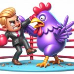 Donald Trump getting knocked out in a boxing ring by a giant pur