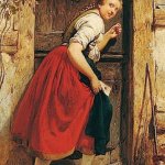 old painting woman at the door