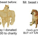 I miss old Beast | Mr. beast before:; Mr. beast now; today I donated $1000 to charity; OmG gUYs BUY mY lUNchly | image tagged in memes,buff doge vs cheems | made w/ Imgflip meme maker