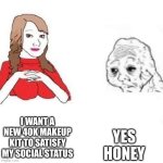 bnn | YES HONEY; I WANT A NEW 40K MAKEUP KIT TO SATISFY MY SOCIAL STATUS | image tagged in dick flattening blank,yes | made w/ Imgflip meme maker