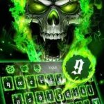 Evil skeleton next to a keyboard with the highlighted "g" key