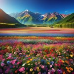 A feild full of pretty flowers and mountains in the background