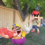 Wario dies by stealing Ness's steak | image tagged in fence,earthbound,wario,wario dies,crossover | made w/ Imgflip meme maker