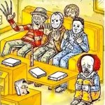 Freddy Kruger, Michael Myers, jason y eso it aterrados viendo TV