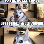 Dad joke of the day | I WAS ADDICTED TO THE HOKEY POKEY; BUT I TURNED MYSELF AROUND | image tagged in memes,bad pun dog | made w/ Imgflip meme maker