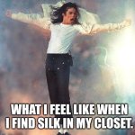 Michael Jackson Black or White | WHAT I FEEL LIKE WHEN I FIND SILK IN MY CLOSET. | image tagged in michael jackson black or white | made w/ Imgflip meme maker