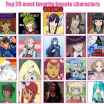 top 20 favorite female characters volume 3 | image tagged in favorite females volume 3,top 10,anime,videogames,comics/cartoons,gotta be one of my favorite genders | made w/ Imgflip meme maker