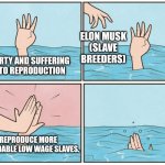 Childfree antinatalism memes | ELON MUSK
(SLAVE BREEDERS); POVERTY AND SUFFERING DUE TO REPRODUCTION; REPRODUCE MORE EXPANDABLE LOW WAGE SLAVES. | image tagged in high five drown | made w/ Imgflip meme maker