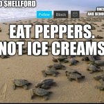 I like turtles | EAT PEPPERS. NOT ICE CREAMS | image tagged in i like turtles | made w/ Imgflip meme maker