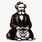 ugly Karl Marx sits on even uglier cat