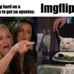 ? | Imgflip:; Me working hard on a meme only to get no upvotes: | image tagged in memes,woman yelling at cat | made w/ Imgflip meme maker