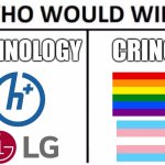 Technology or cringe? | TECHNOLOGY; CRINGE | image tagged in memes,who would win,transhumanism,lgtv,transgender,lgbt | made w/ Imgflip meme maker