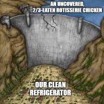 Damb Protecting Town | AN UNCOVERED, 2/3-EATEN ROTISSERIE CHICKEN; OUR CLEAN REFRIGERATOR | image tagged in damb protecting town | made w/ Imgflip meme maker