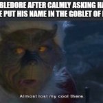 HARRY | DUMBLEDORE AFTER CALMLY ASKING HARRY IF HE PUT HIS NAME IN THE GOBLET OF FIRE | image tagged in almost lost my cool there,memes,funny,harry potter | made w/ Imgflip meme maker