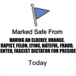 Marked Safe From Big | HAVING AN ELDERLY, ORANGE, RAPIST, FELON, LYING, HATEFUL, FRAUD, DEMENTED, FASCIST DICTATOR FOR PRESIDENT. | image tagged in marked safe from big | made w/ Imgflip meme maker