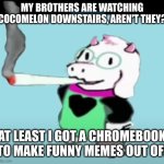 What I do in my spare time... | MY BROTHERS ARE WATCHING COCOMELON DOWNSTAIRS, AREN'T THEY? AT LEAST I GOT A CHROMEBOOK TO MAKE FUNNY MEMES OUT OF! | image tagged in ralsei smokes a fat blunt | made w/ Imgflip meme maker