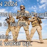 NNN 2024 progress report | FriesFromBFDI; 0%; Just woke up. | image tagged in nnn 2024 progress report | made w/ Imgflip meme maker