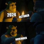 When No Nut November 1st came: | 2024; OCTOBER; NOVEMBER | image tagged in shrek puts out torch,meme,shrek,no nut november | made w/ Imgflip meme maker