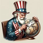 A famous historical image of Uncle Sam with a globe or a map, lo