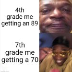 Hey, I'm passing. | 4th grade me getting an 89; 7th grade me getting a 70 | image tagged in sad happy | made w/ Imgflip meme maker