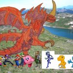 Wario and Friends dies by Destoroyah while exploring in a beautiful landscape | image tagged in landscape,wario dies,crossover | made w/ Imgflip meme maker