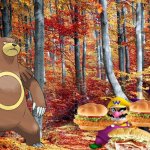 Wario and Waluigi dies by a enraged Ursaring while eating sandwiches | image tagged in fall forest background,wario,waluigi,pokemon,crossover,wario dies | made w/ Imgflip meme maker