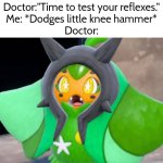 Guess I passed the *test* . | Doctor:"Time to test your reflexes."
Me: *Dodges little knee hammer*
Doctor: | image tagged in funny,reflexes | made w/ Imgflip meme maker