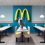 A cat dacing on the table of McDonalds