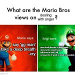 gaming | dealing with anger; - say 'gg man'

-take a deep breath

-cry; -give death threats to their family

-destroy the sound barrier

-tell them to end it all

-scream the N word as loud as possible | image tagged in mario vs luigi | made w/ Imgflip meme maker