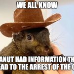 RIP Peanut | WE ALL KNOW; PEANUT HAD INFORMATION THAT WOULD LEAD TO THE ARREST OF THE CLINTONS. | image tagged in peanut the squirrel,hillary clinton | made w/ Imgflip meme maker