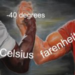 Epic Handshake Meme | -40 degrees; farenheit; Celsius | image tagged in memes,epic handshake | made w/ Imgflip meme maker