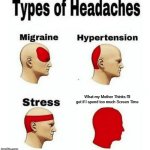 Upvote if she's said this to you | What my Mother Thinks I'll get if I spend too much Screen Time | image tagged in types of headaches meme,memes,fun,accurate,repost,original meme | made w/ Imgflip meme maker