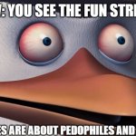 insanity | POV: YOU SEE THE FUN STREAM; 9/10 MEMES ARE ABOUT PEDOPHILES AND ZOOPHILES | image tagged in penguins of madagascar skipper red eyes | made w/ Imgflip meme maker