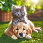 cute kitten sitting on a puppy