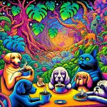 Cute dogs and cats drinking coffee in a beautiful forest full of