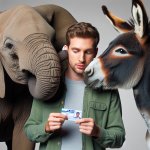 elephant and donkey with young male voter