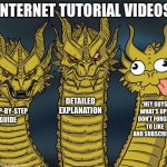 Legitimately every YouTube tutorial | INTERNET TUTORIAL VIDEOS; DETAILED EXPLANATION; “HEY GUYS, WHAT’S UP? DON’T FORGET TO LIKE AND SUBSCRIBE!”; STEP-BY-STEP GUIDE | image tagged in three-headed dragon | made w/ Imgflip meme maker