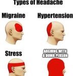 AAAAAUUUHHH | ARGUING WITH A DUMB PERSON | image tagged in headaches,dumb,true,relatable,relatable memes | made w/ Imgflip meme maker