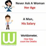 had a school assignment regarding this website and overthinked about it, so i made a meme about it | Worldometer, How they count the Deaths | image tagged in never ask a woman her age,memes,funny,hmmm,mystery,death | made w/ Imgflip meme maker