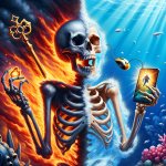 Skeleton with a key and a mouse while exploding and being frozen