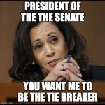 Kamala Harris  | PRESIDENT OF THE THE SENATE; YOU WANT ME TO BE THE TIE BREAKER | image tagged in kamala harris | made w/ Imgflip meme maker