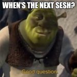 Shrek good question | WHEN'S THE NEXT SESH? | image tagged in shrek good question,memes | made w/ Imgflip meme maker