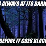 Dark | IT'S ALWAYS AT ITS DARKEST; BEFORE IT GOES BLACK | image tagged in dark forest,funny memes | made w/ Imgflip meme maker