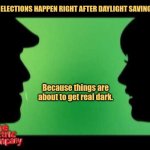 The History of Election Day | WHY DO ELECTIONS HAPPEN RIGHT AFTER DAYLIGHT SAVINGS TIME? Because things are about to get real dark. | image tagged in electric company,memes,2024 election,picture punches,philly clean freaks,best jokes | made w/ Imgflip meme maker