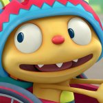 Henry hugglemonster wearing helmet